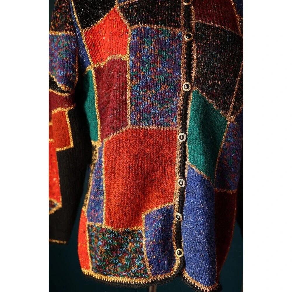 Vintage 80s Deadstock Career Fashion Color Block Mohair Metallic Funky Cardigan